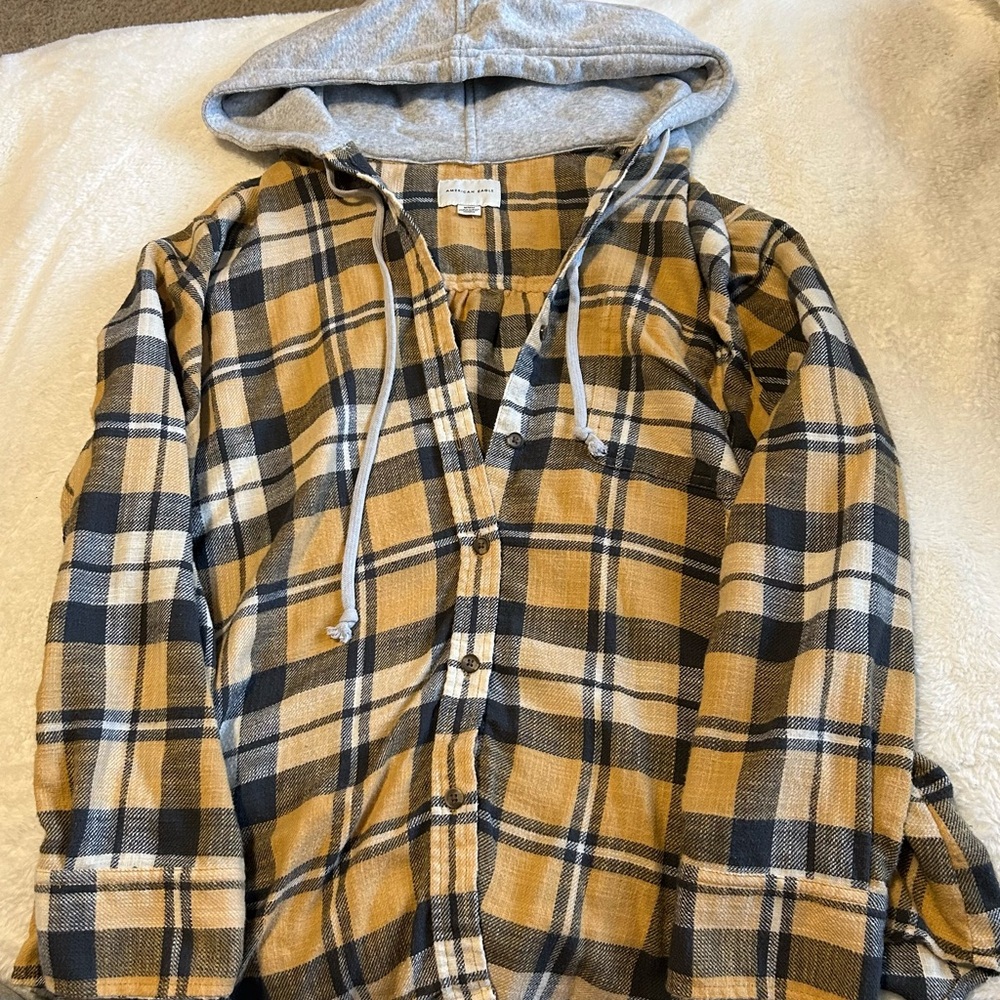 American Eagle Plaid Hooded Flannel Shirt